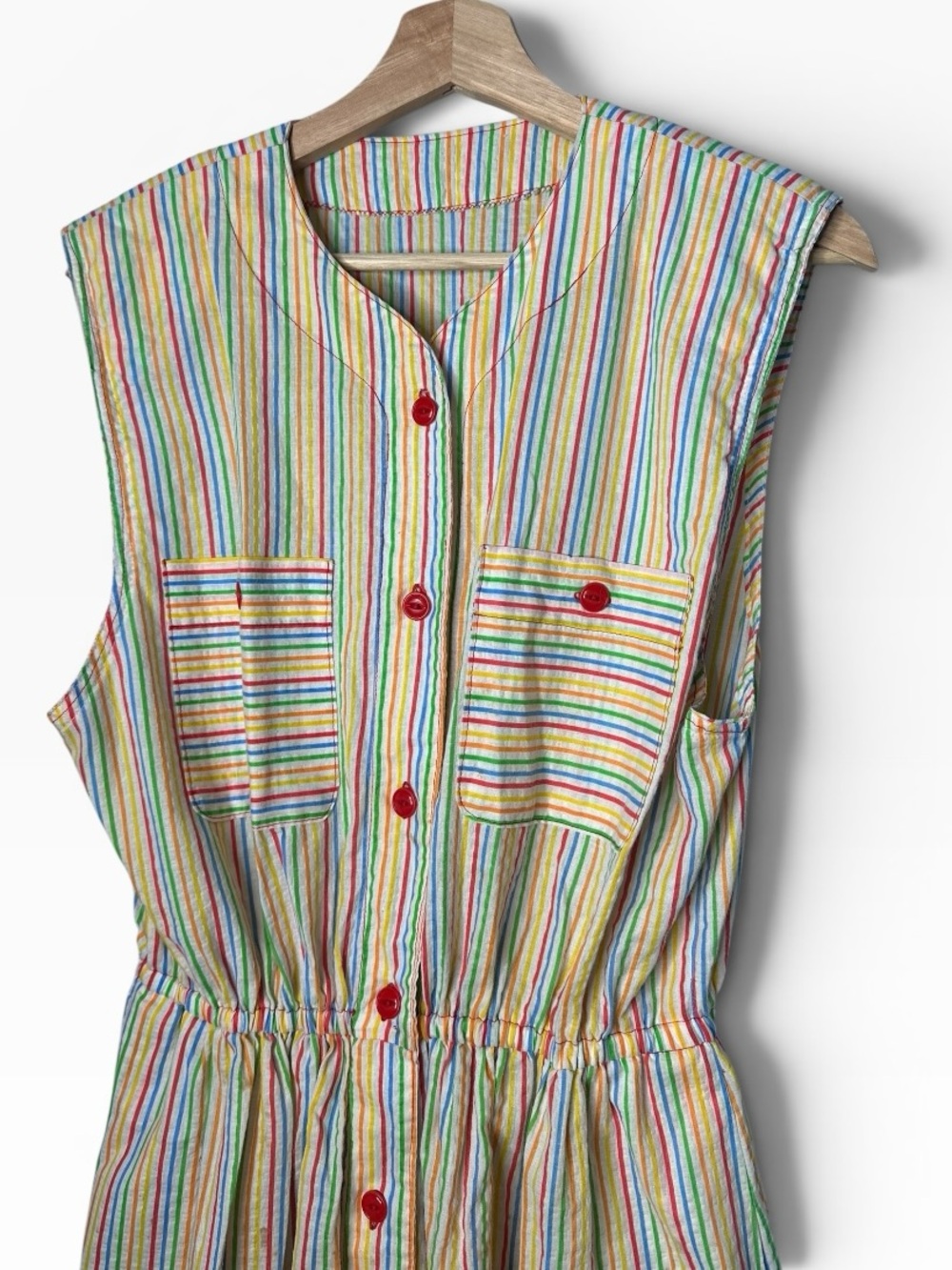 Vintage 1980s Handmade Rainbow Stripe Button Front Dress - Picture 8 of 10